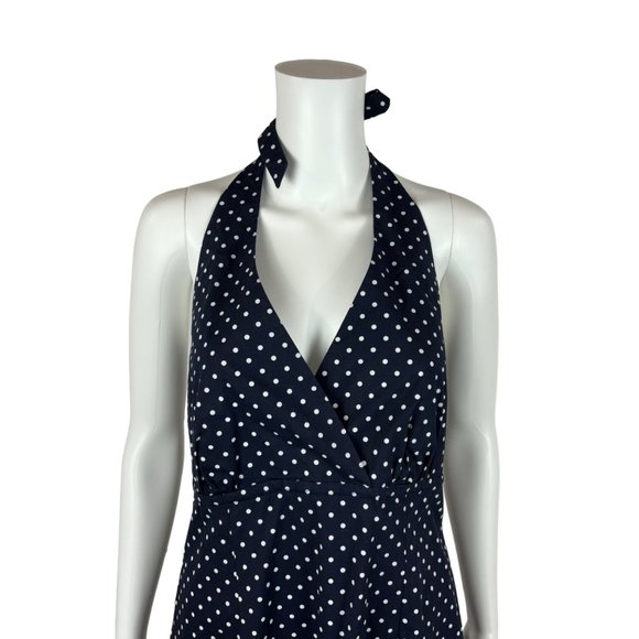 Lands End Polka Dot Dress Women's 14 Navy Blue Halter V-Neck Midi Sundress - Picture 3 of 9